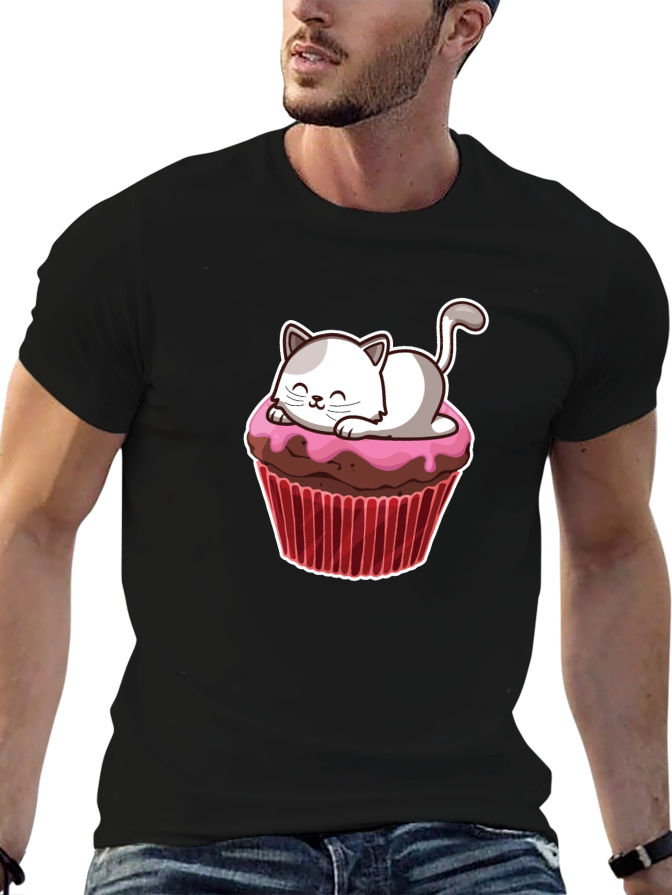 Black Cute Cat Cupcake T-Shirt - Fun & Sweet Design view 6
