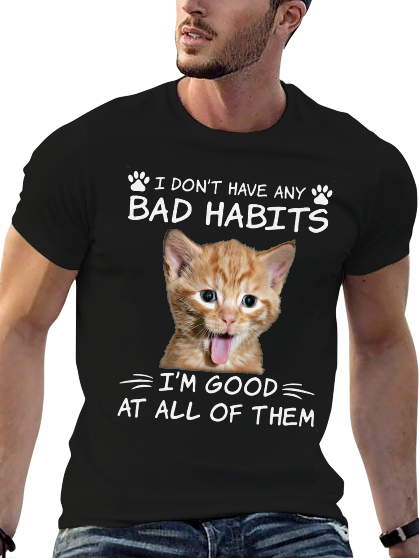 Black Funny Cat Bad Habits Graphic T-Shirt view 6