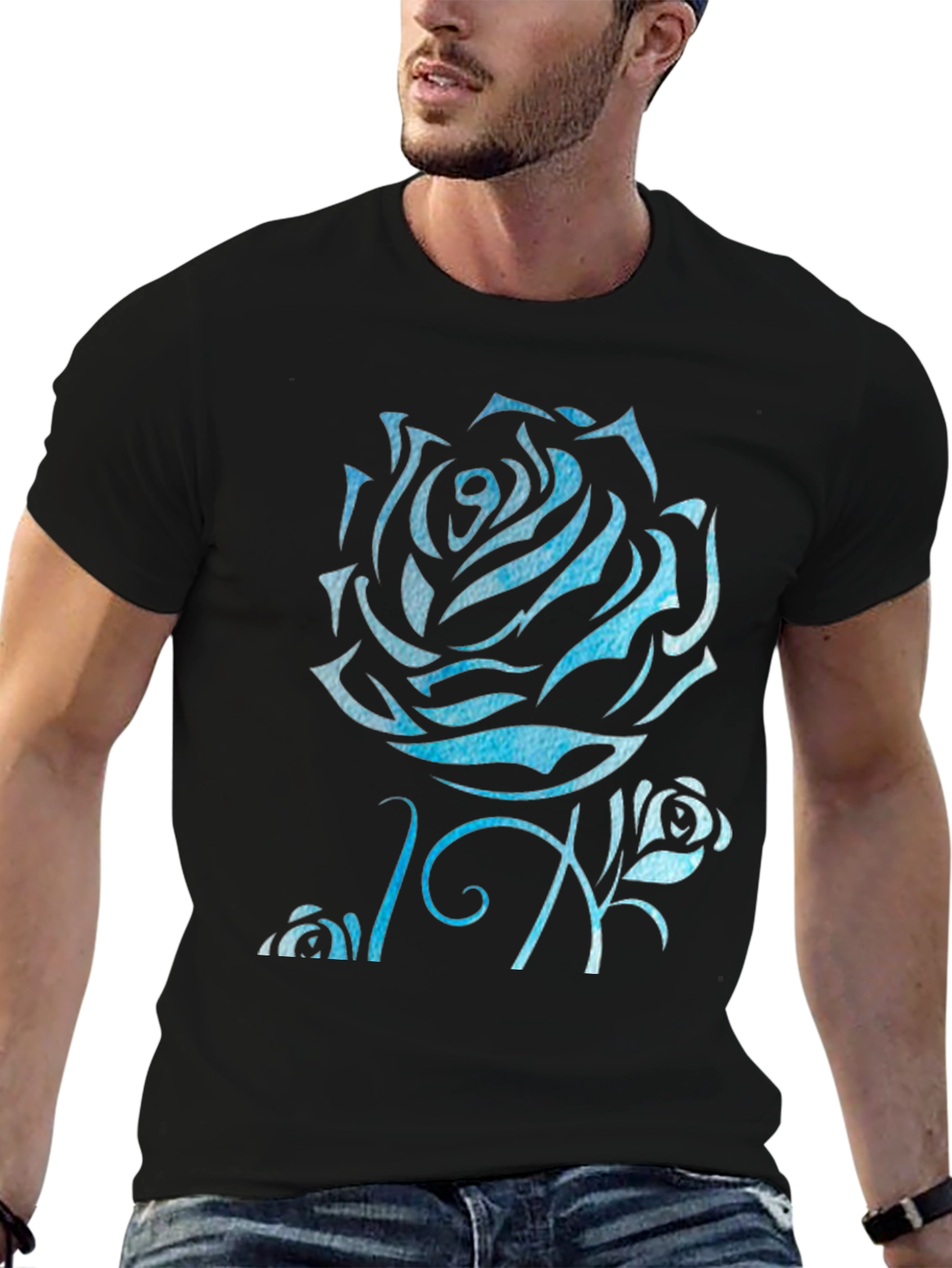 Black Blue Rose Graphic Black T-Shirt view 6