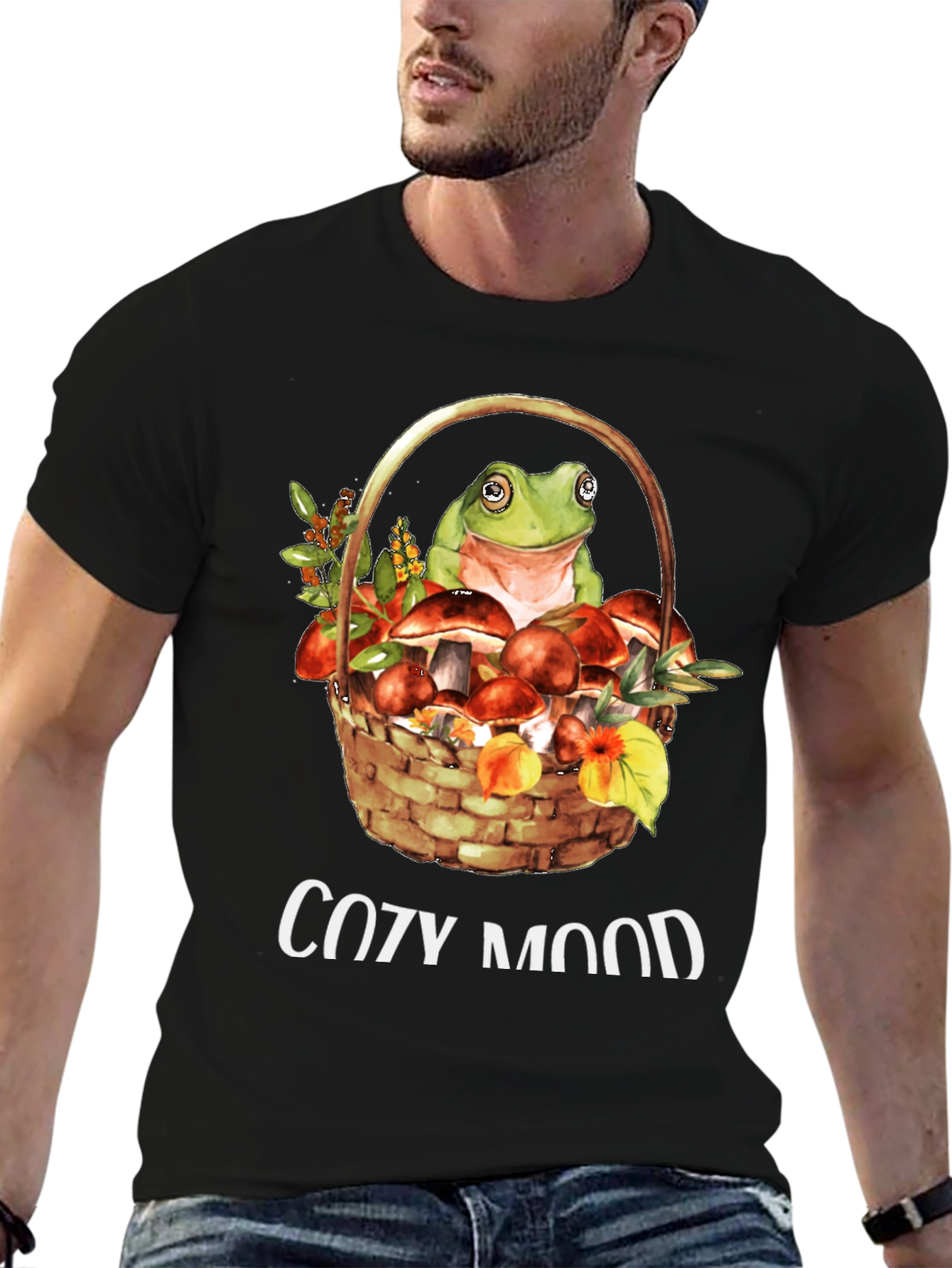 Black Cozy Mood Frog & Mushroom Basket T-Shirt view 6