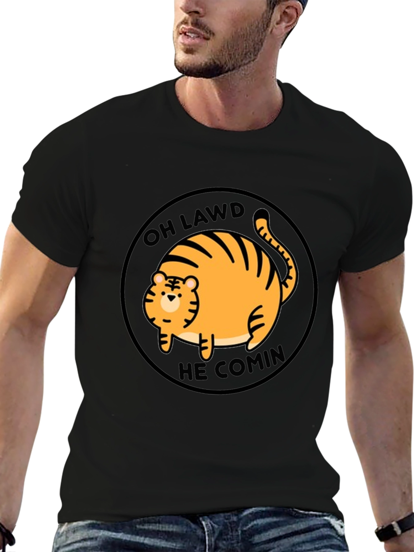 Black Oh Lawd He Comin' Cat T-Shirt - Funny Round Orange Tabby Tee view 6