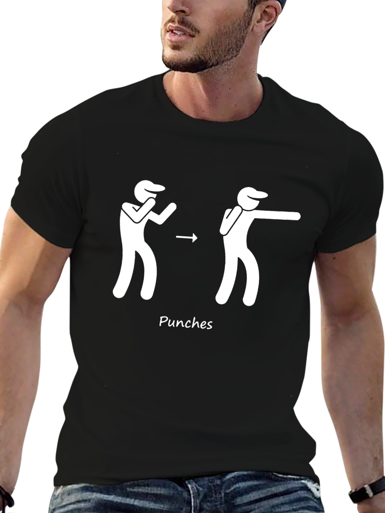 Black Punching Stick Figure Black Cotton T-Shirt view 6