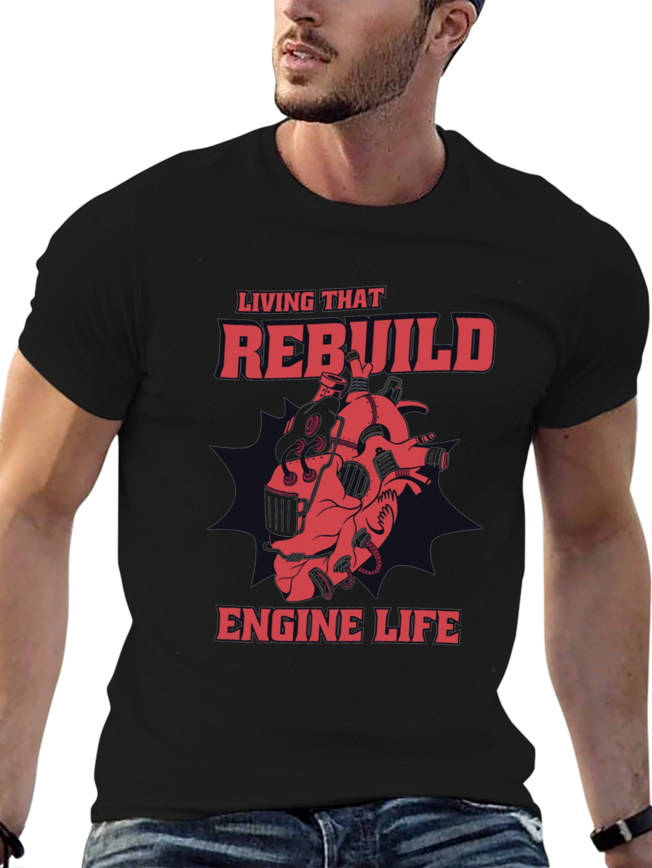 Black Rebuild Engine Life Graphic T-Shirt view 6
