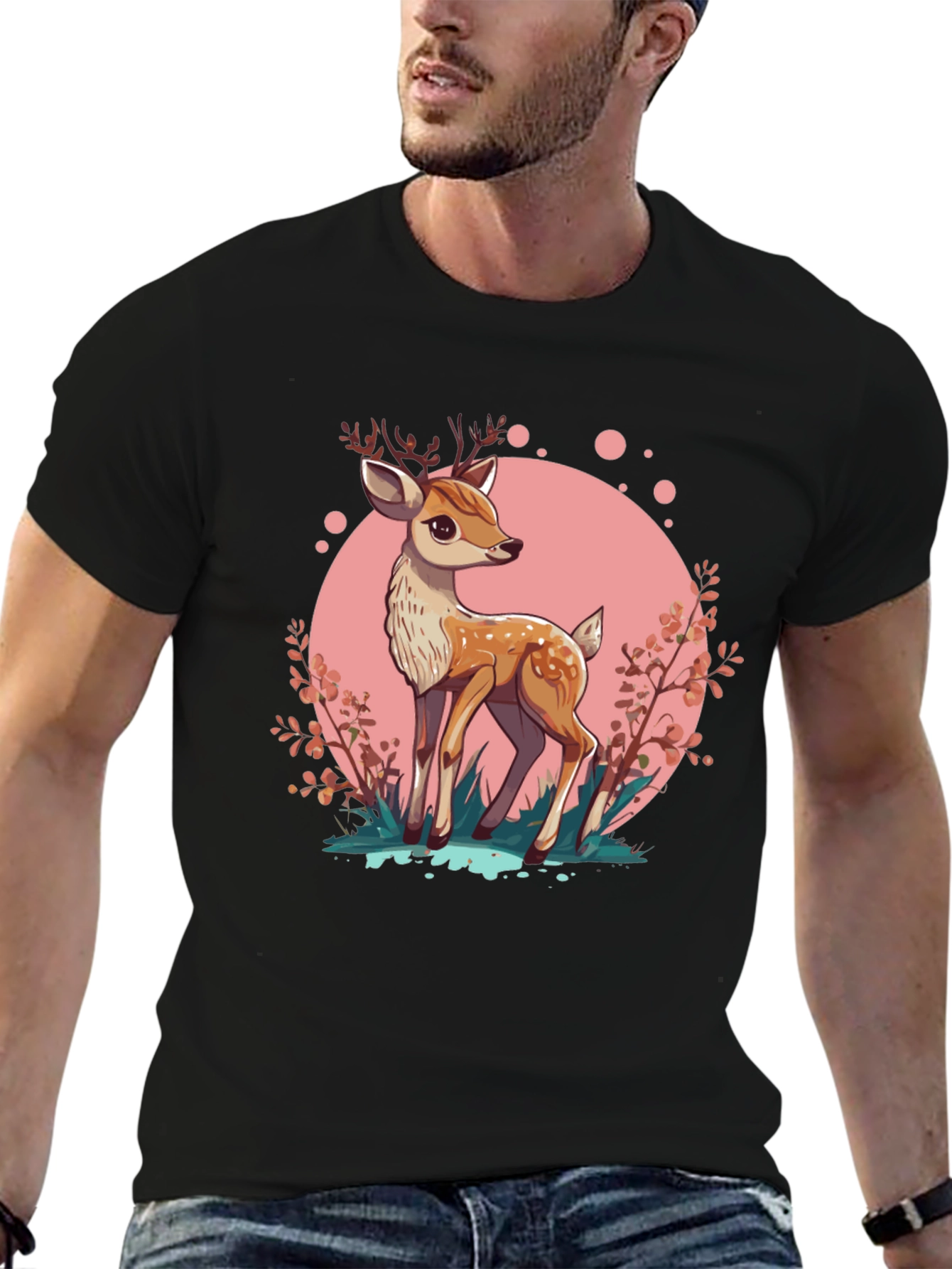 Black Cute Deer Graphic Tee - Stylish Men's Black T-Shirt view 6