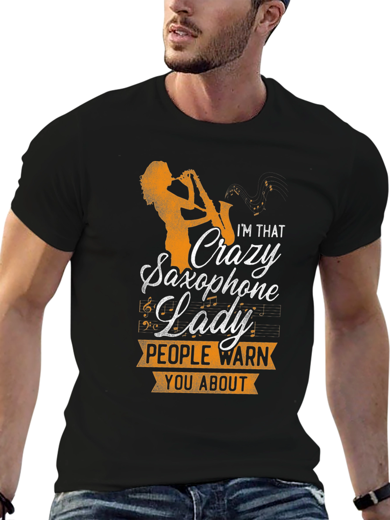 Black Crazy Saxophone Lady Graphic T-Shirt view 6