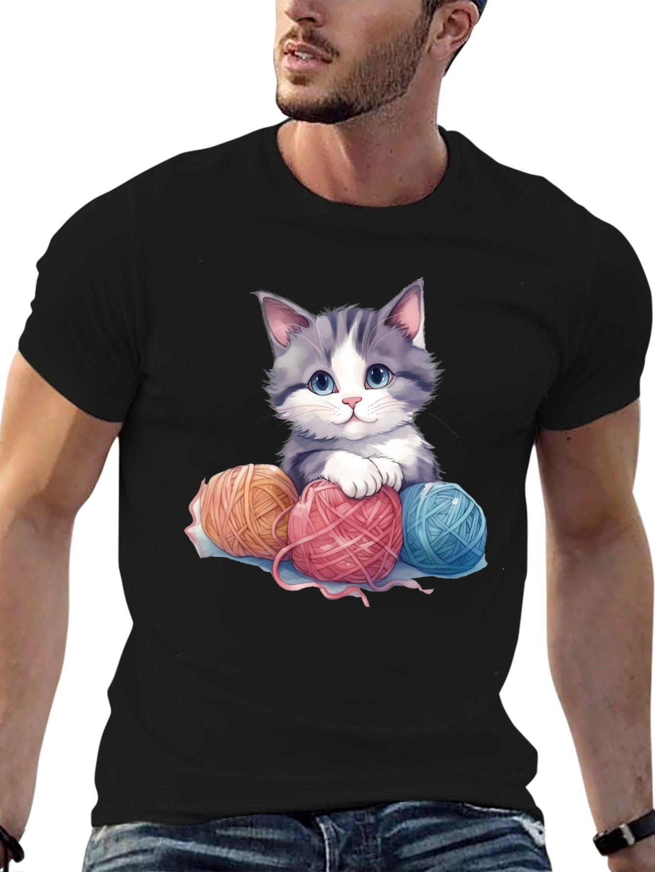Black Cute Kitten & Yarn Balls Graphic Tee view 6