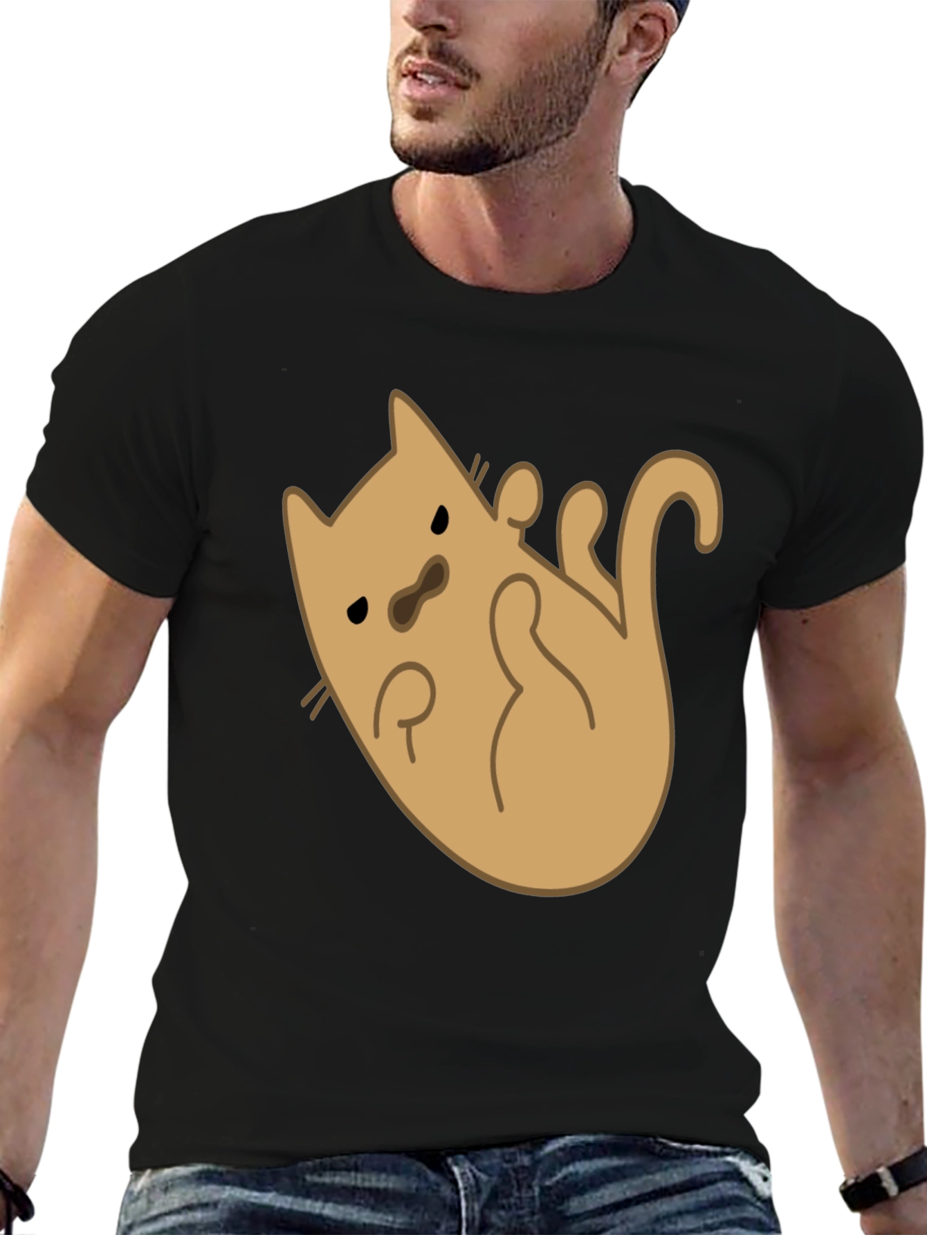 Black Cute Cat Cartoon Graphic T-Shirt - Black Cotton Tee view 6