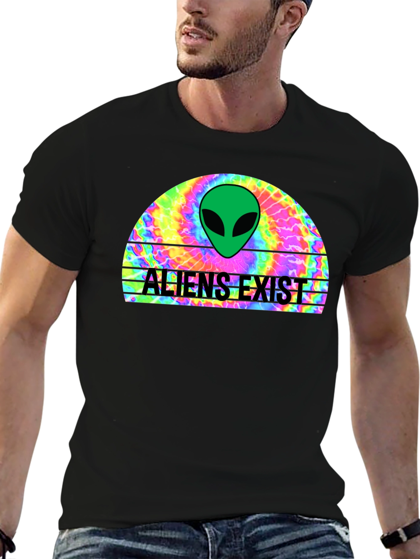 Black Aliens Exist Graphic T-Shirt - Retro Tie Dye Design view 6
