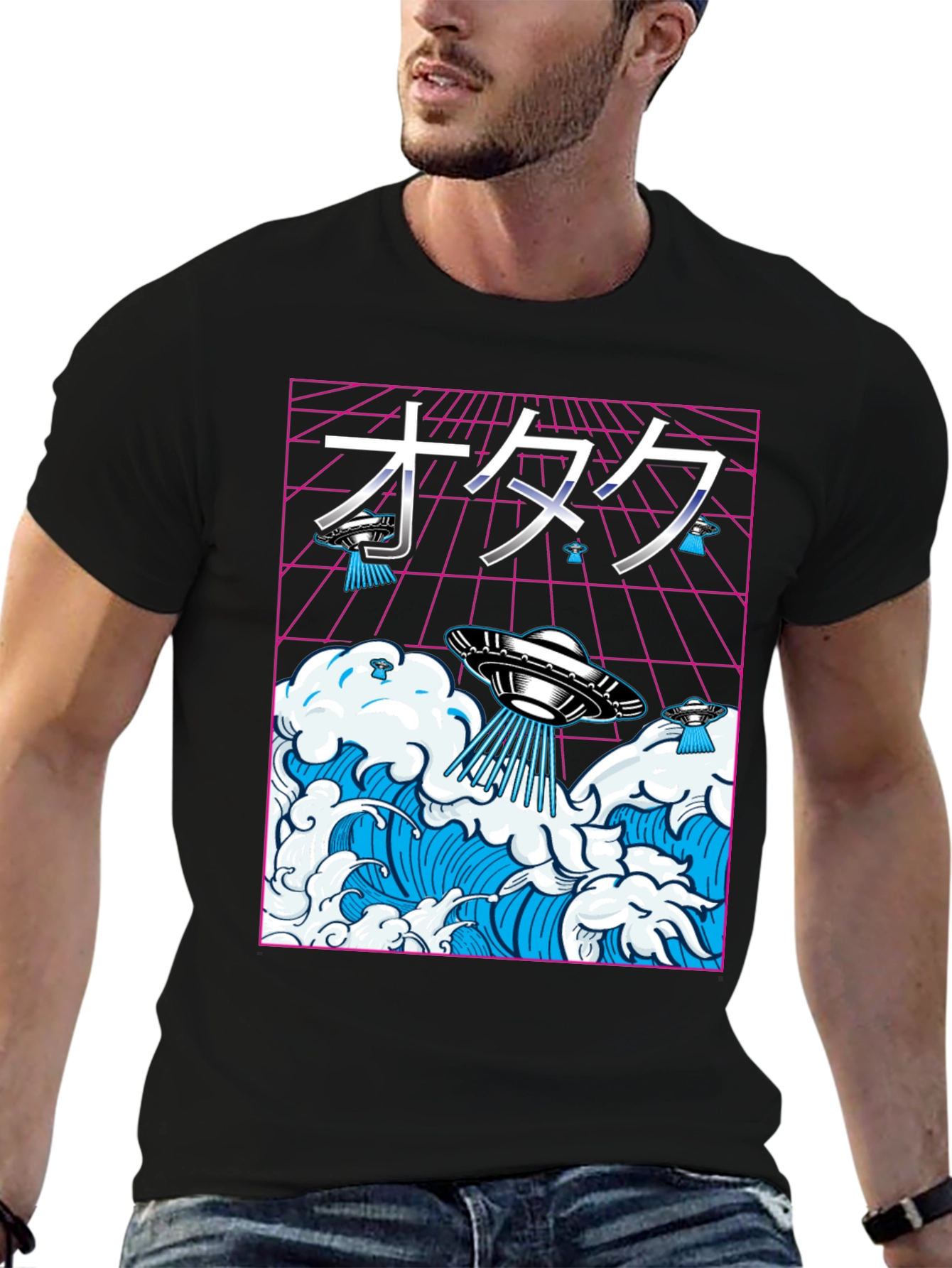 Black Otaku UFO Waves Graphic Tee view 6