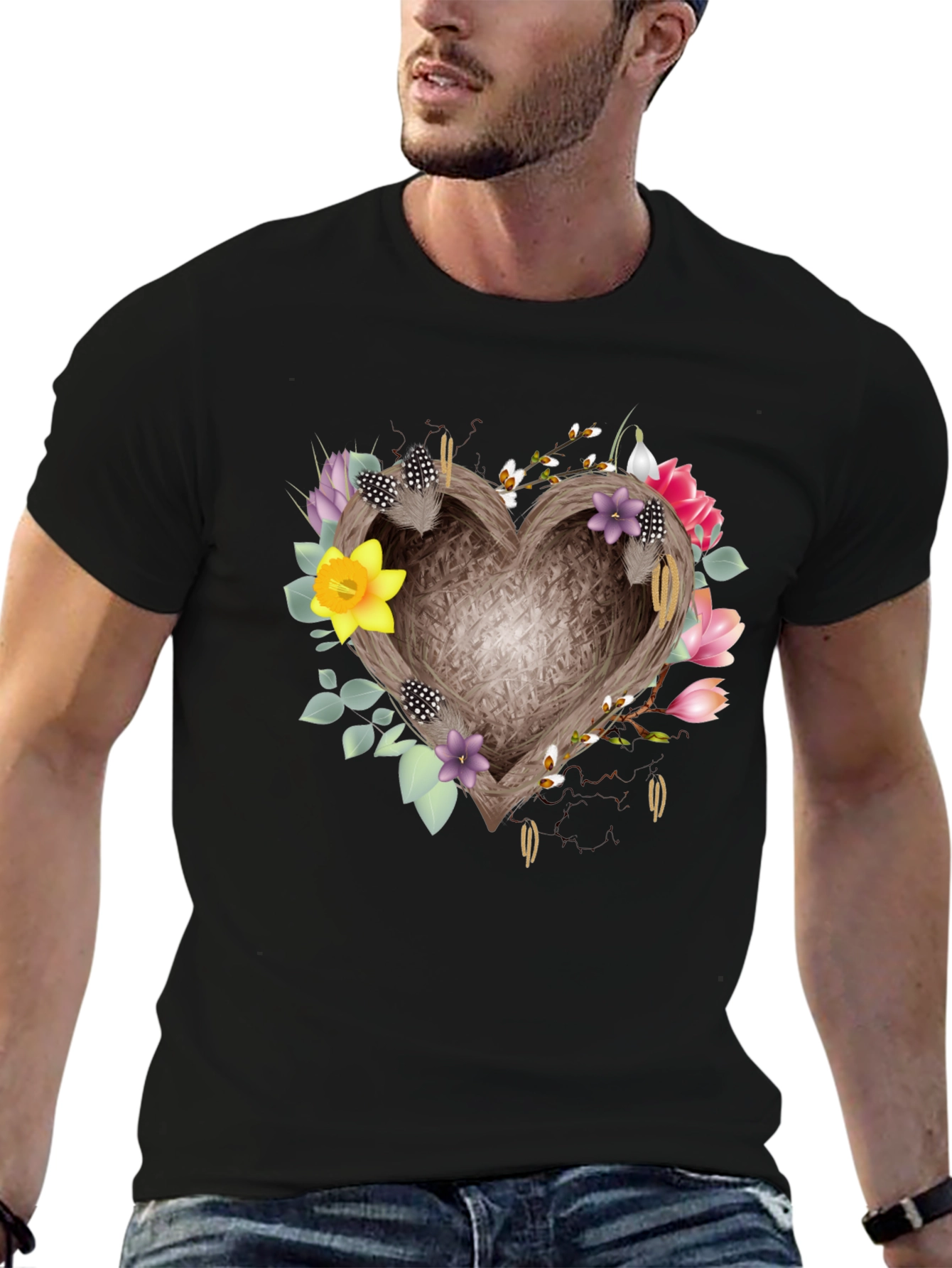 Black Floral Heart Nest Tee - Stylish Comfort view 6