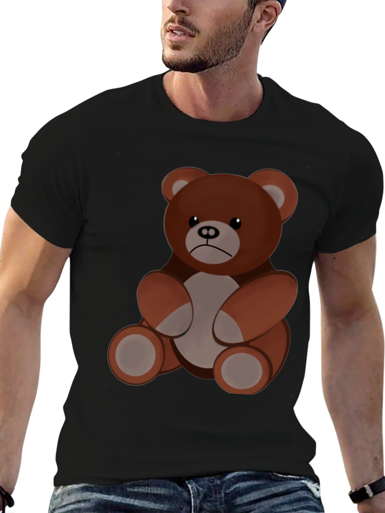 Black Men's Black T-Shirt with Cartoon Bear view 6