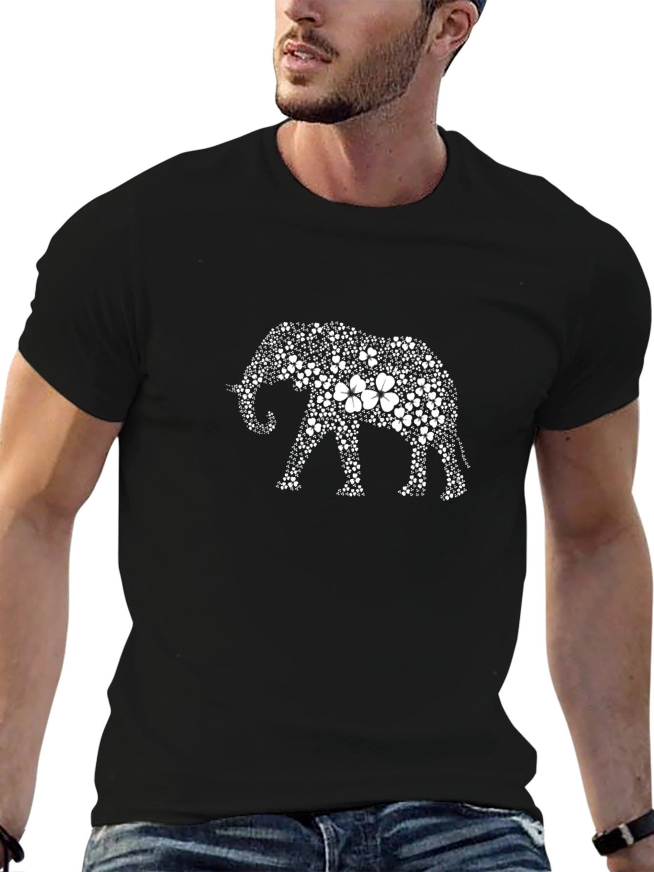 Black Elephant Flower Graphic Tee - Black Cotton T-Shirt view 6