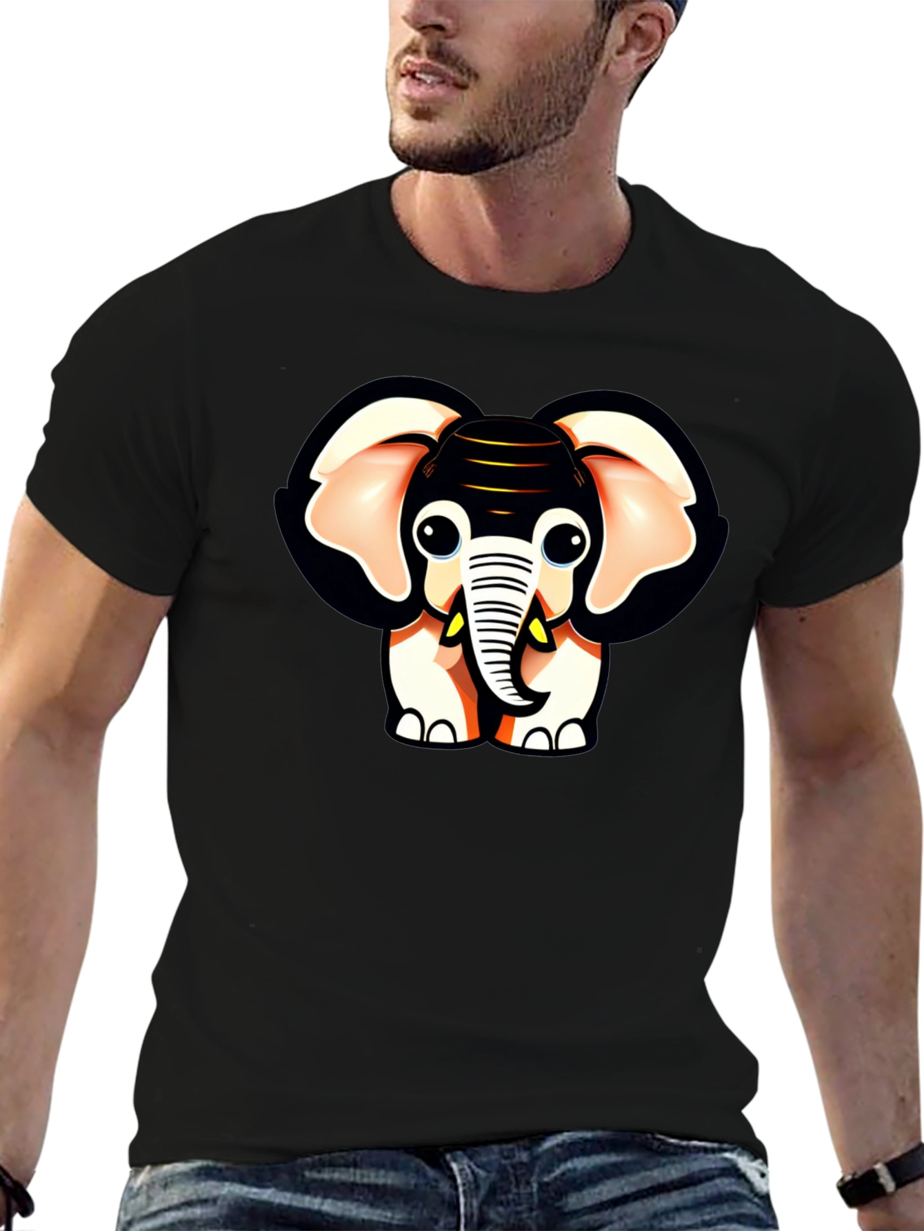 Black Cute Cartoon Elephant Graphic Black T-Shirt view 6