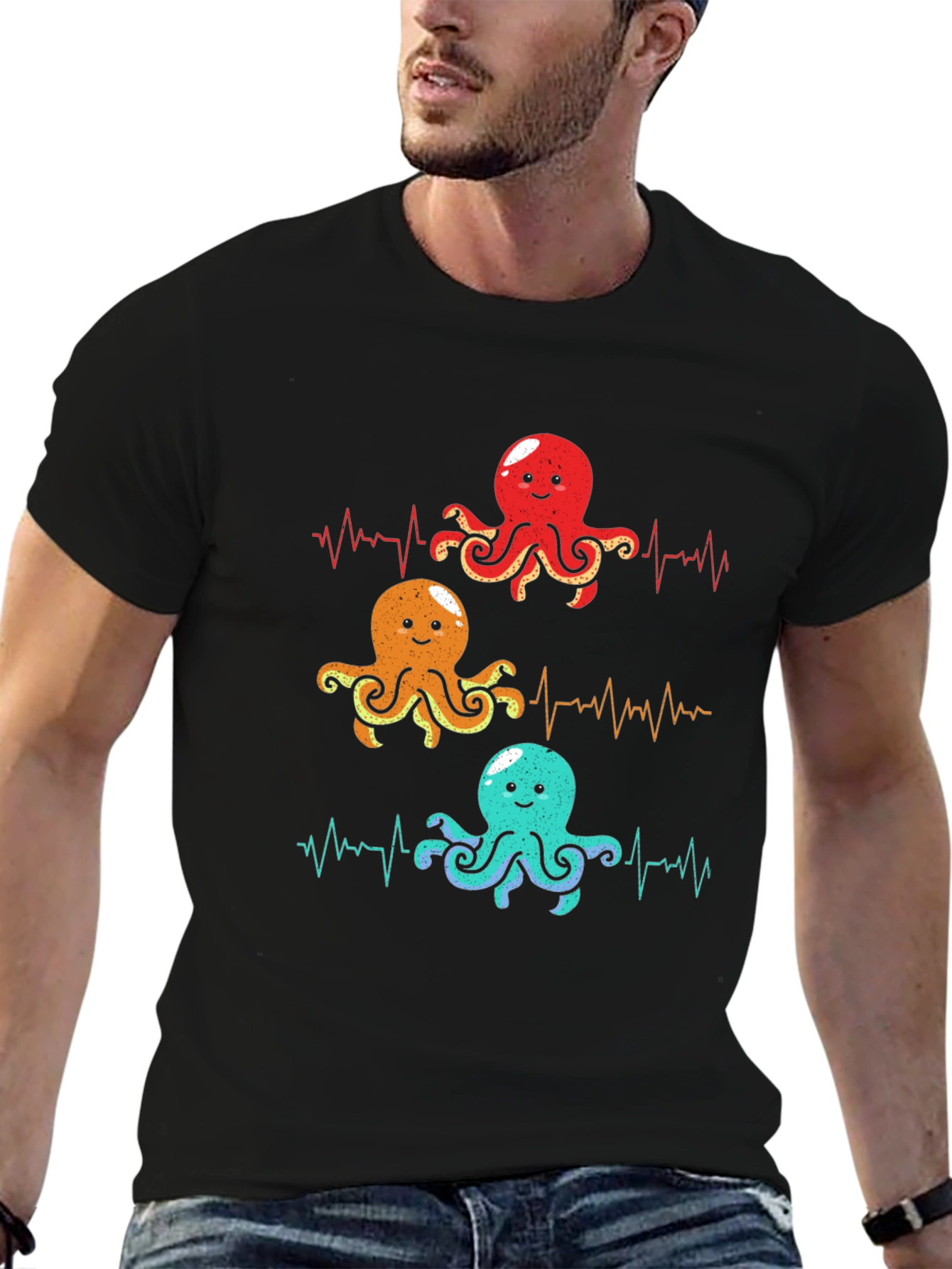 Black Octopus Heartbeat Graphic T-Shirt - Sea Life Tee view 6