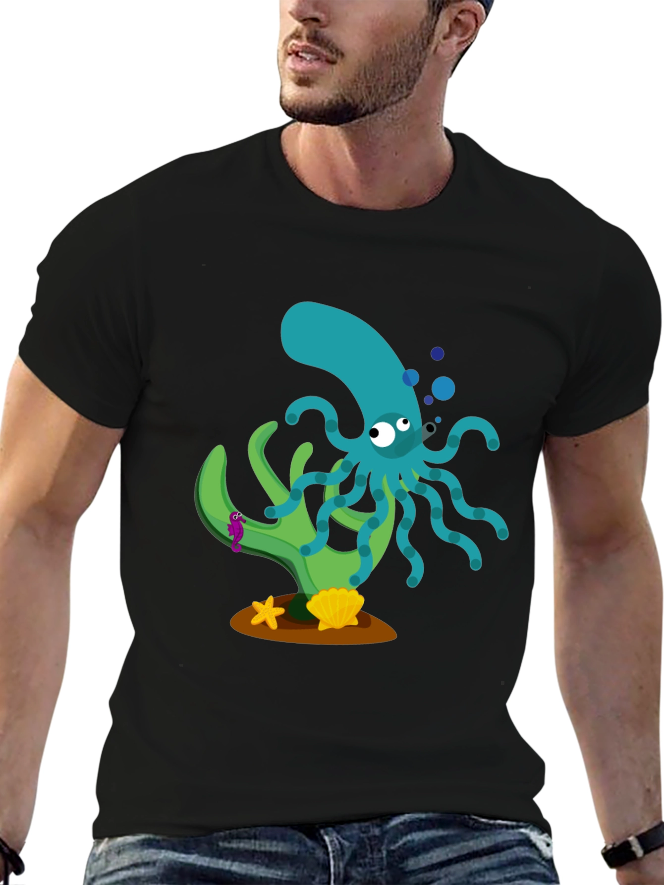 Black Cartoon Octopus Graphic Print Black T-Shirt view 6