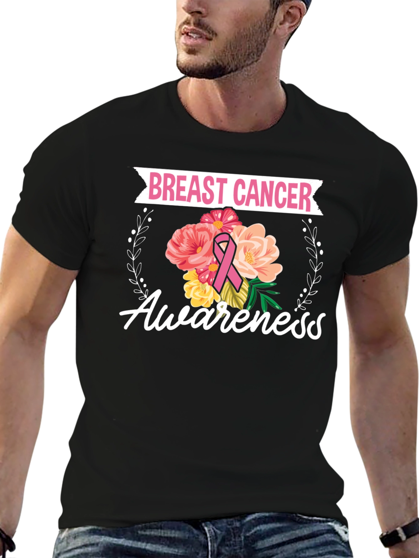 Black Breast Cancer Awareness Floral T-Shirt view 6