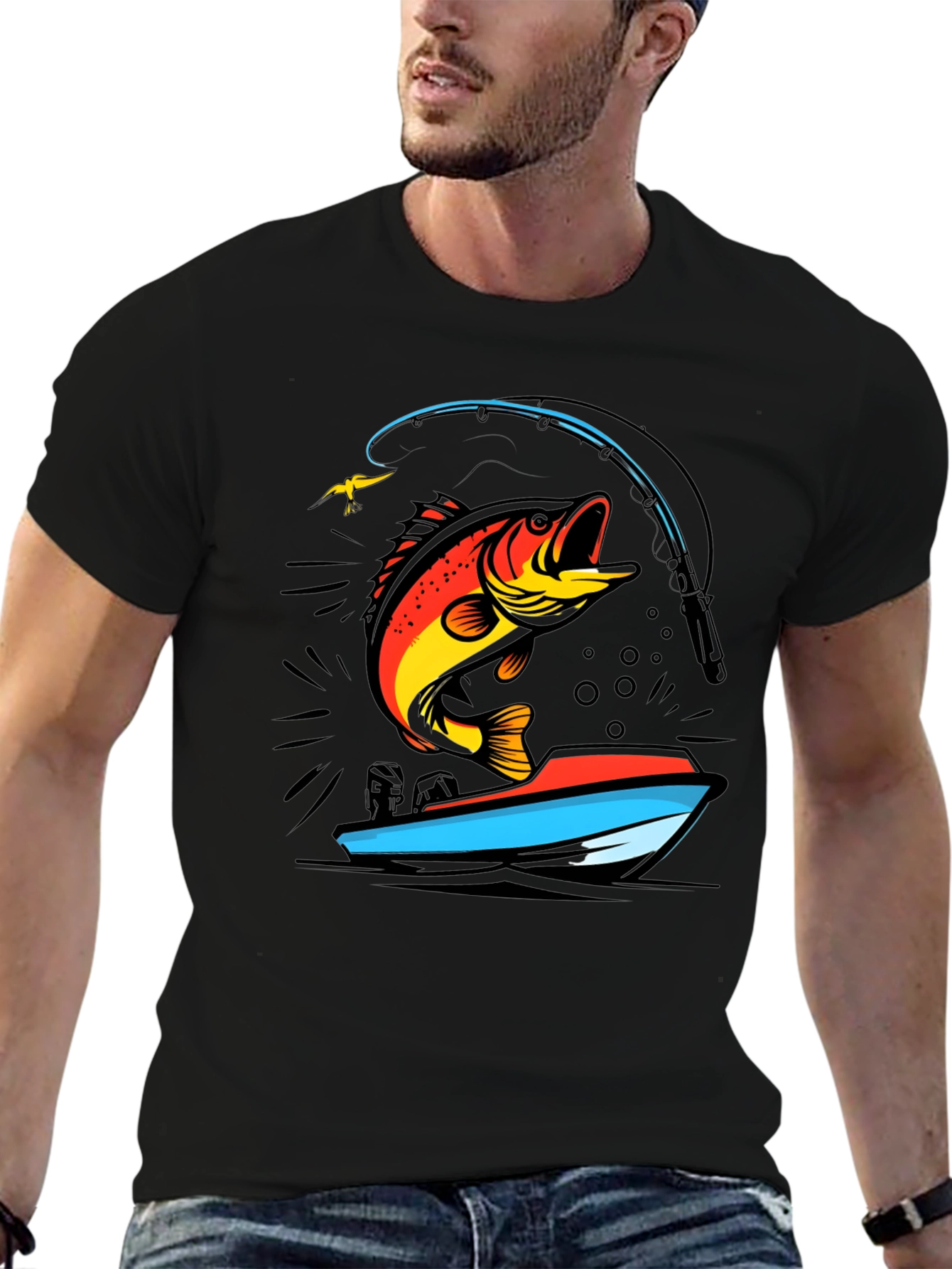 Black Fishing T-Shirt: Bass Jumping From Boat view 6
