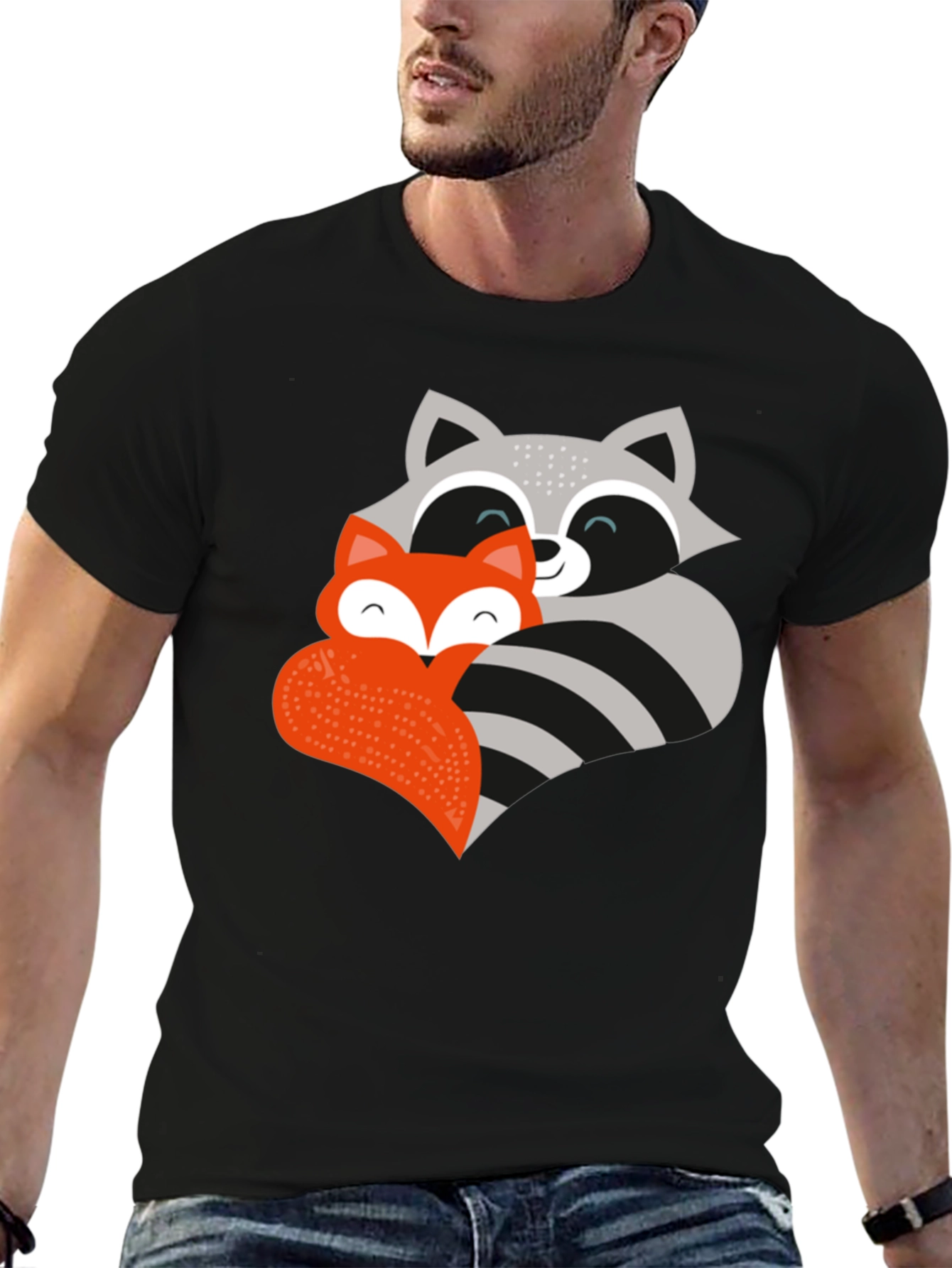 Black Cute Fox and Raccoon Graphic Tee view 6