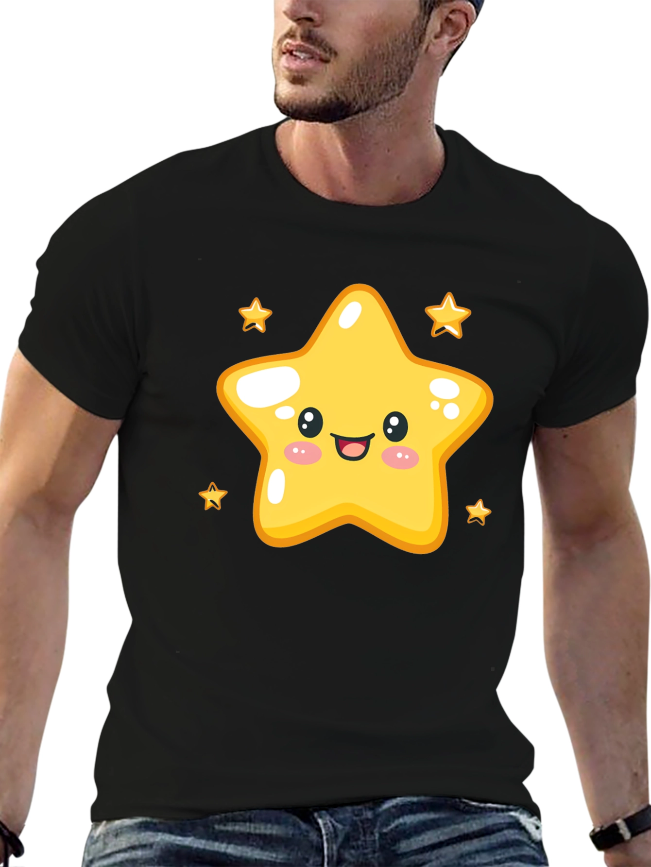 Black Cute Star Graphic Tee - Black Cotton Blend Shirt view 6
