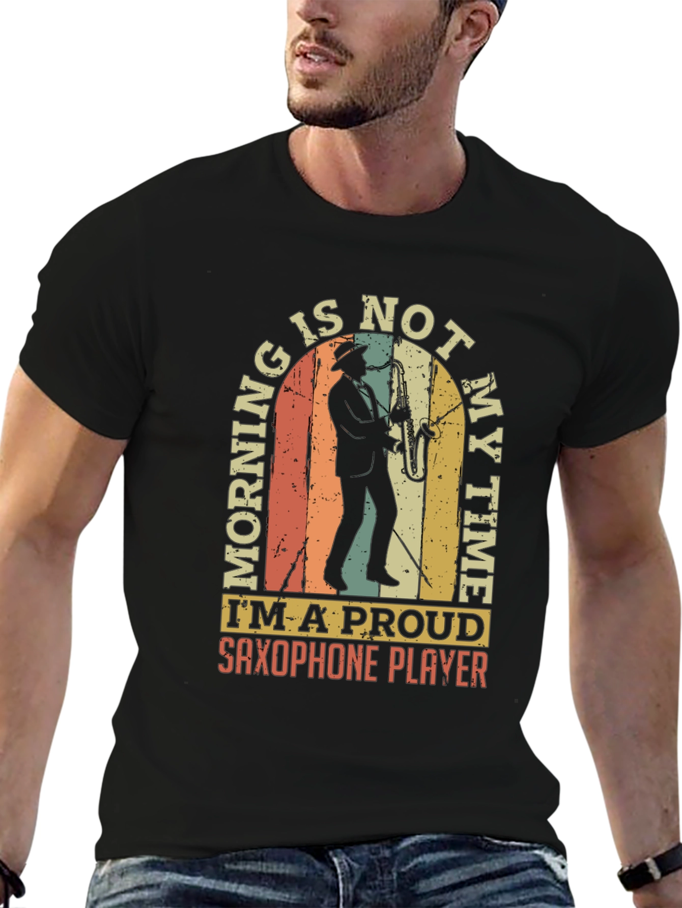 Black Saxophone Player T-Shirt - Morning is Not My Time! view 6