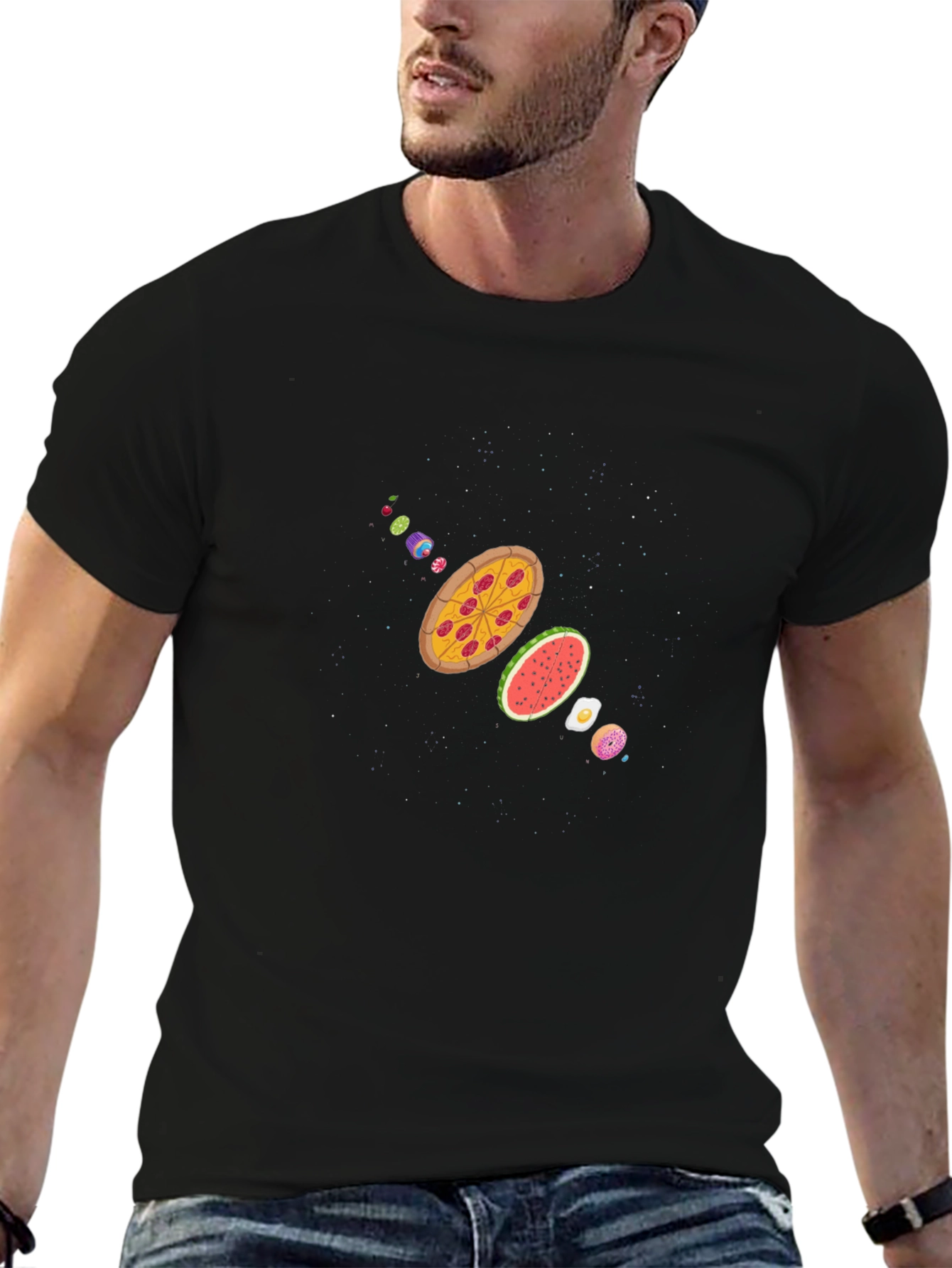 Black Pizza Galaxy Black T-Shirt view 6
