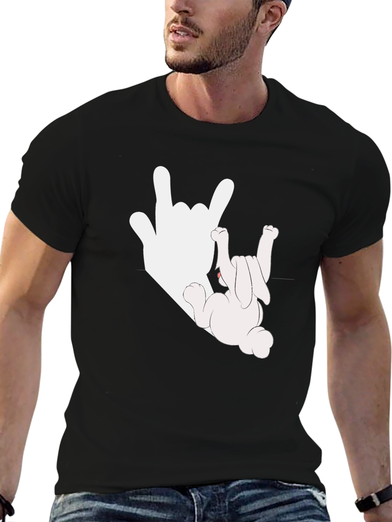 Black Rock On Bunny Graphic Tee - Black Cotton T-Shirt view 6