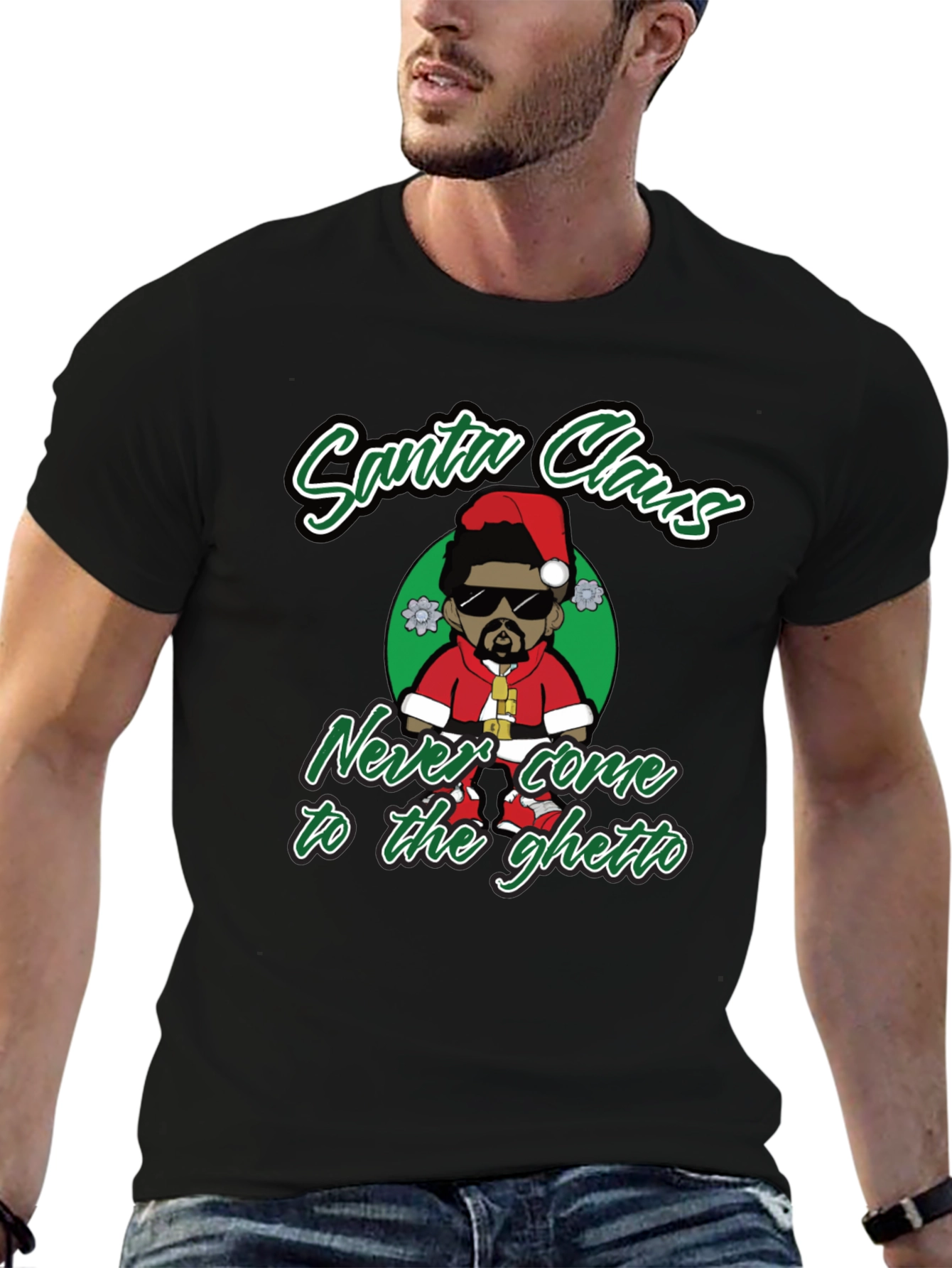 Black Santa Claus Never Come to the Ghetto Black T-Shirt view 6
