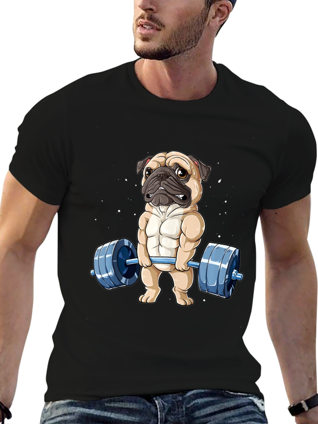 Black Muscle Pug Weightlifting Graphic Tee view 6