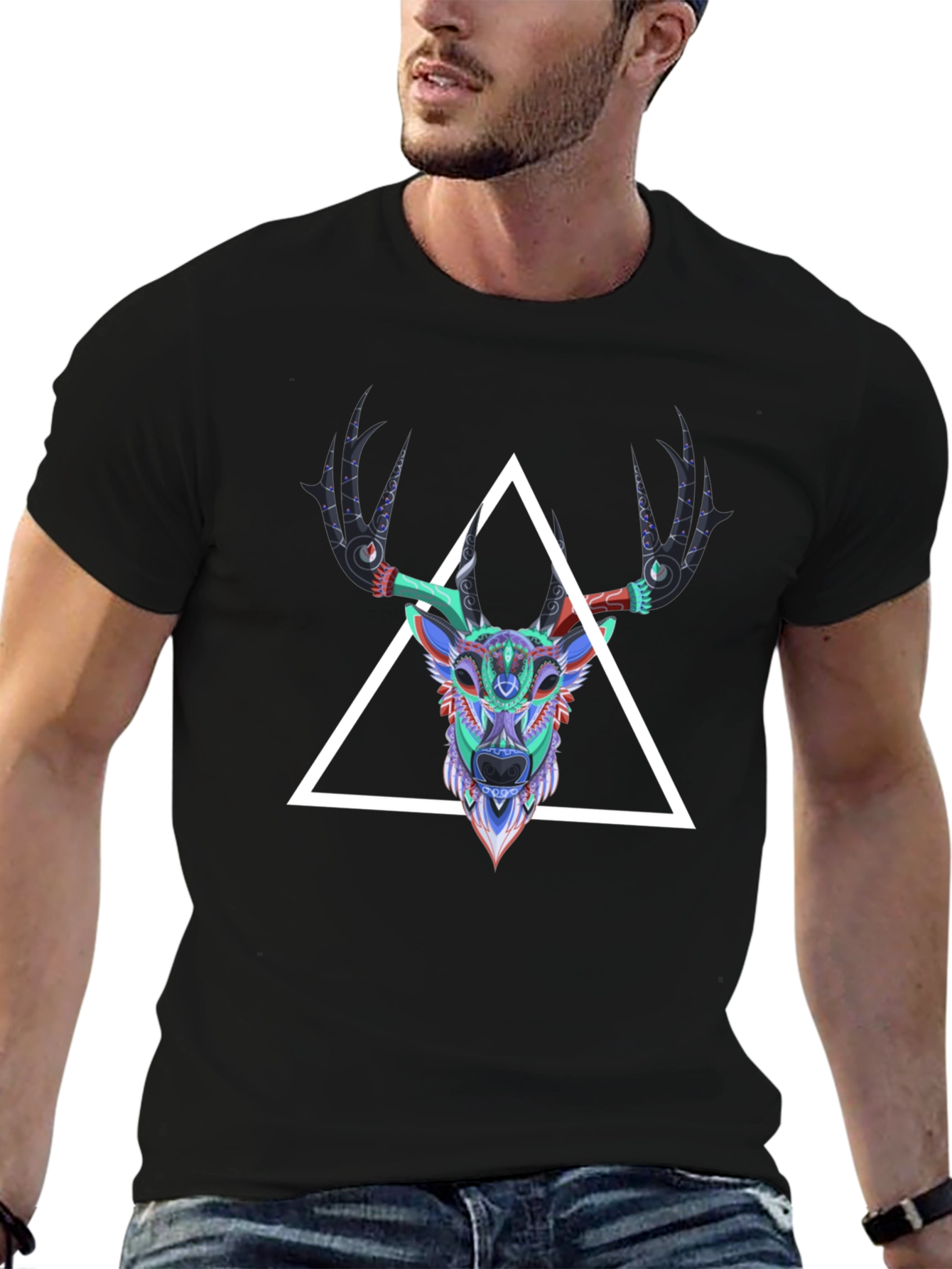 Black Geometric Deer Head Graphic Tee - Men's Black T-Shirt view 6