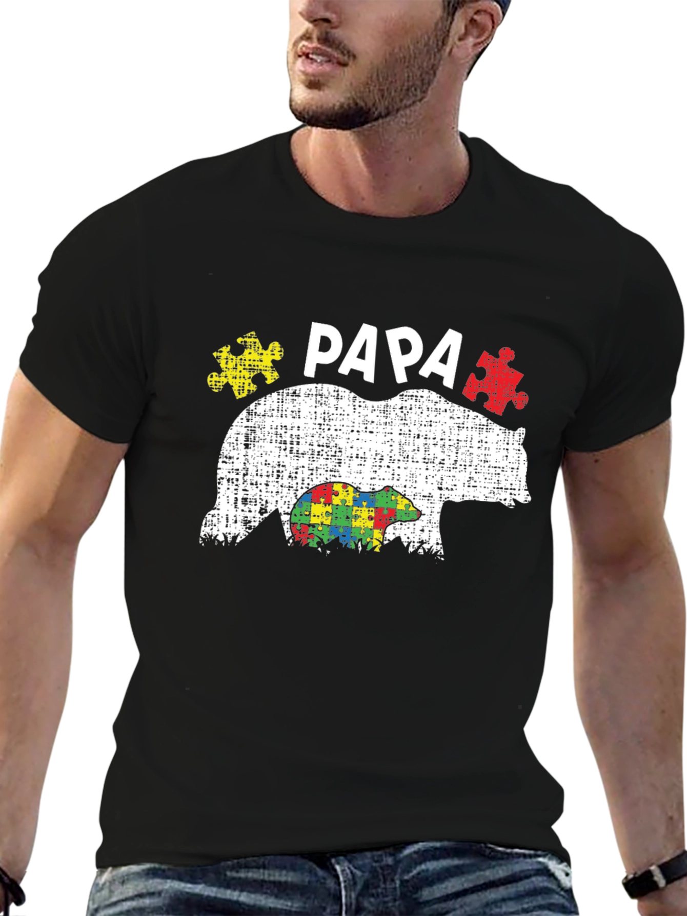 Black Papa Bear Autism Awareness T-Shirt view 6