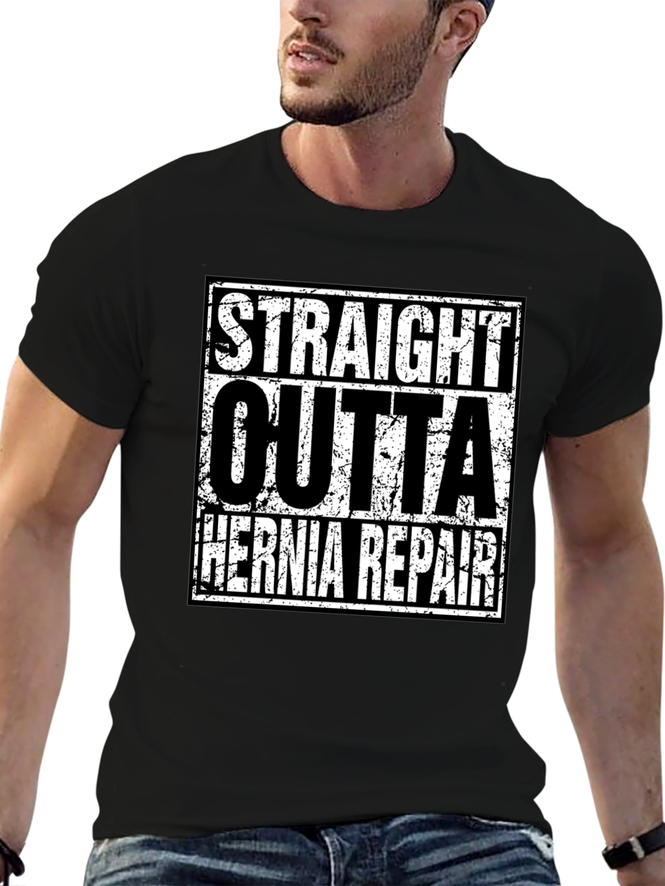 Black Straight Outta Hernia Repair T-Shirt view 6