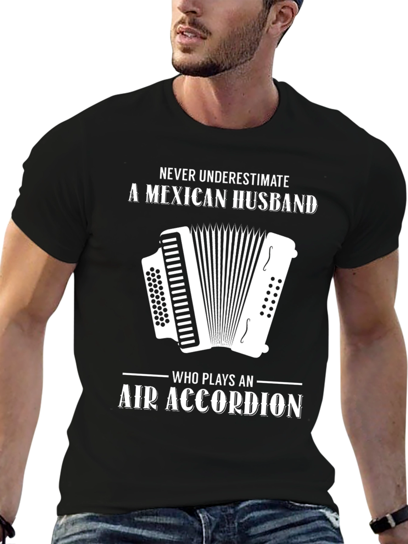 Black Mexican Husband Air Accordion Funny T-Shirt view 6
