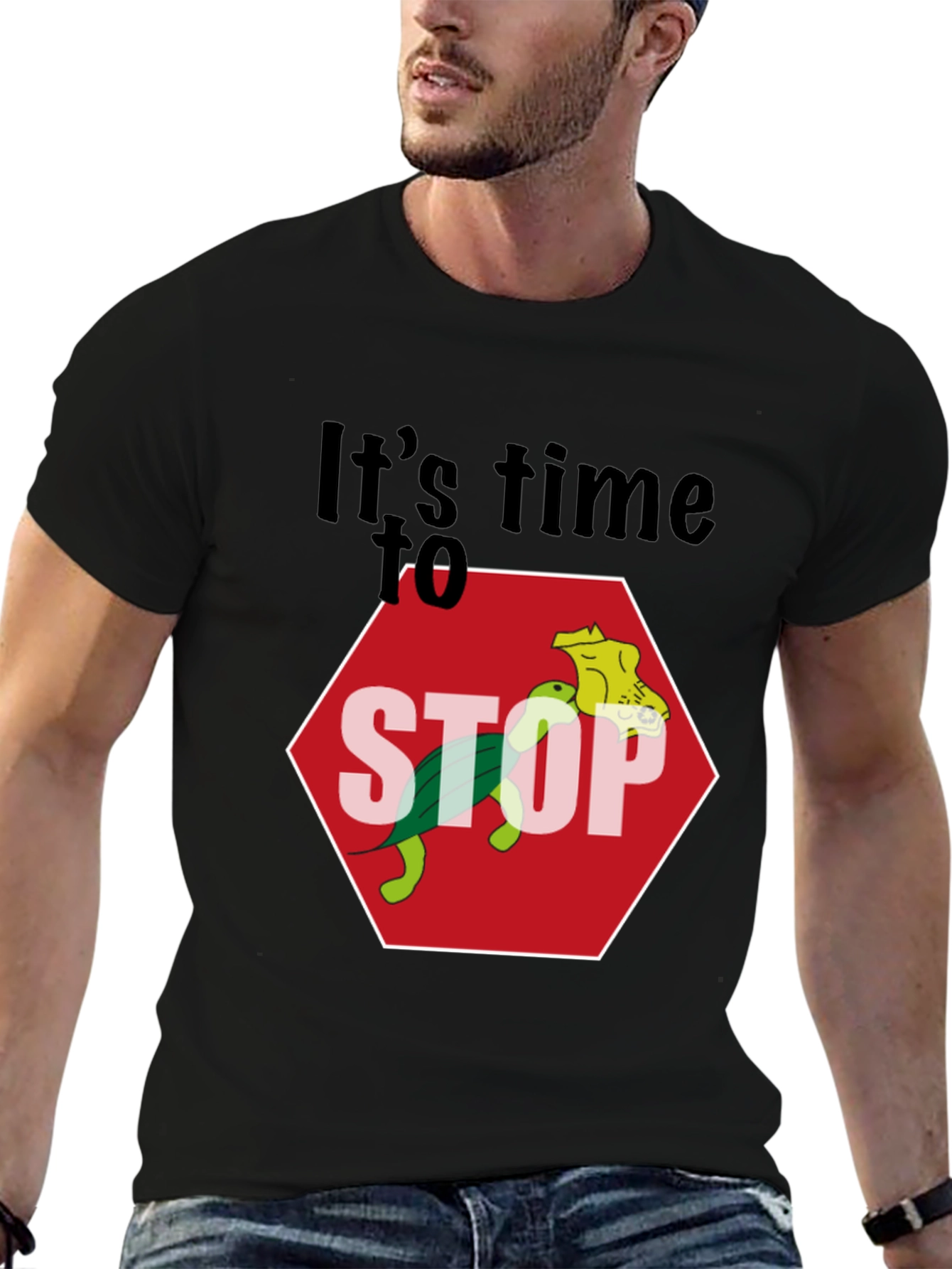 Black Humorous Turtle Stop Sign Graphic Tee view 6