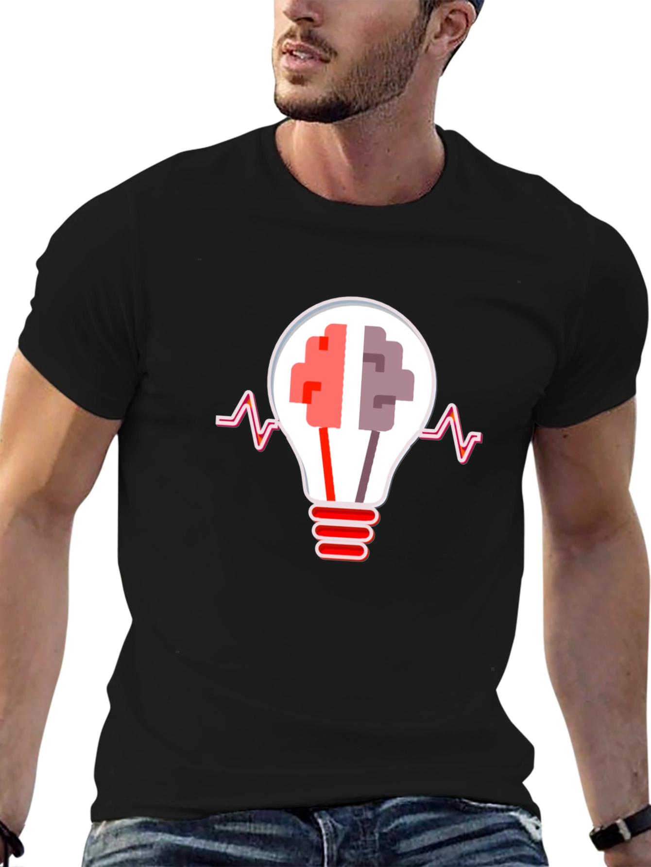 Black Brainstorm Tee: Lightbulb Brain Graphic T-Shirt view 6