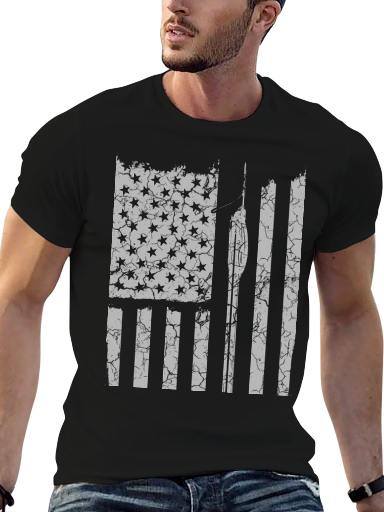 Black Distressed American Flag Spear Fishing T-Shirt view 6