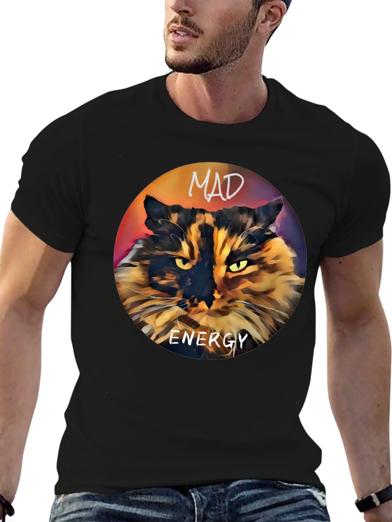 Black Mad Energy Cat Graphic T-Shirt view 6