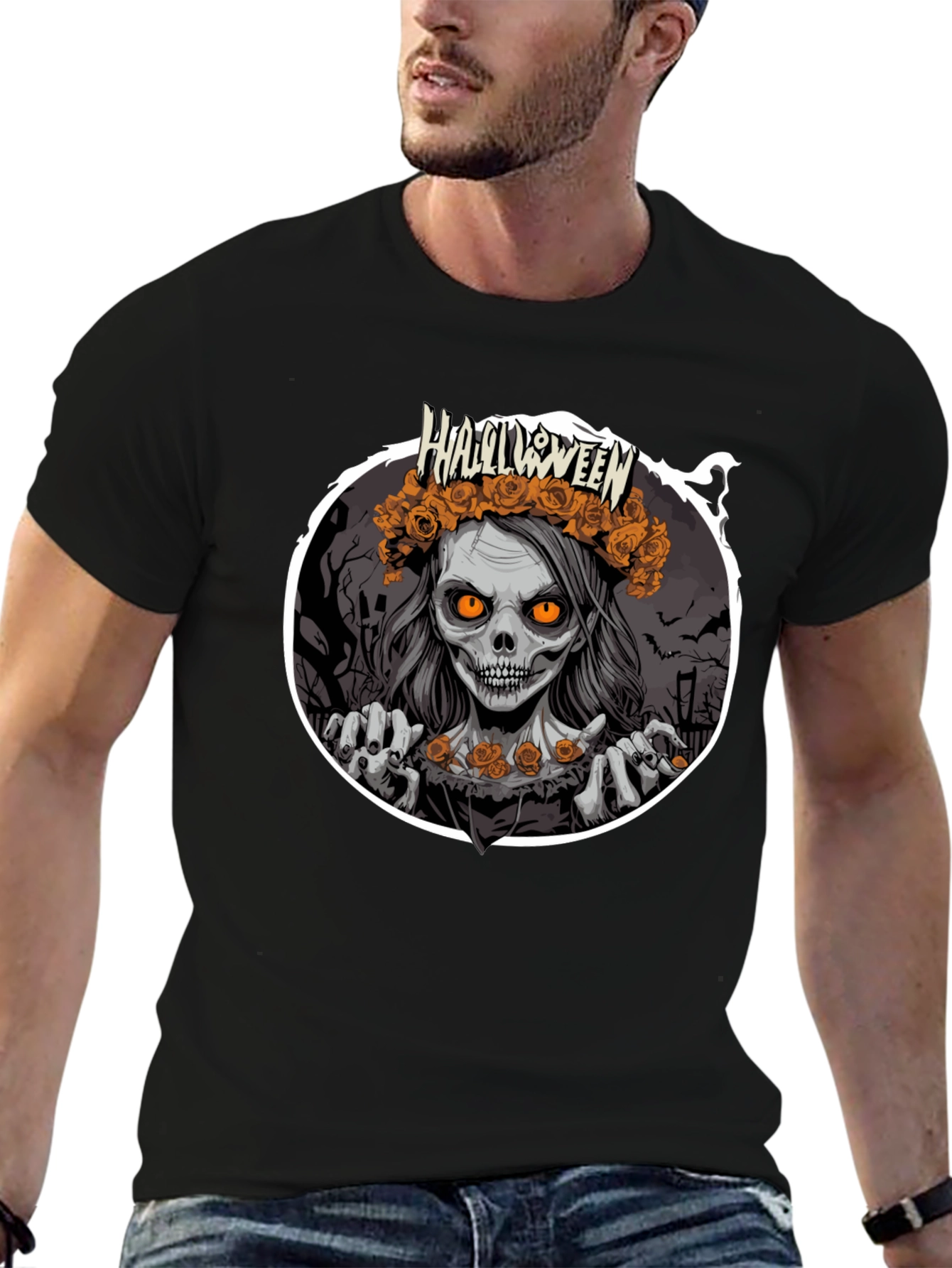 Black Halloween Zombie Woman Black T-Shirt view 6