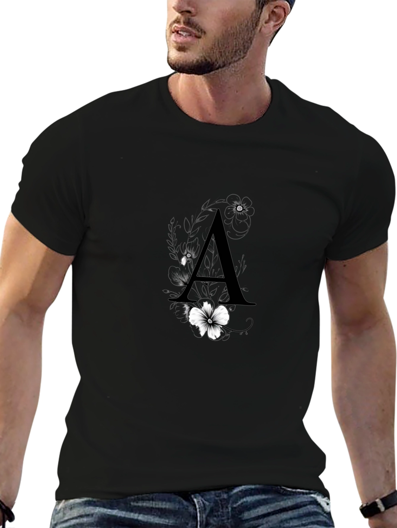 Black Elegant Black T-Shirt with Floral Letter "A" Design view 6