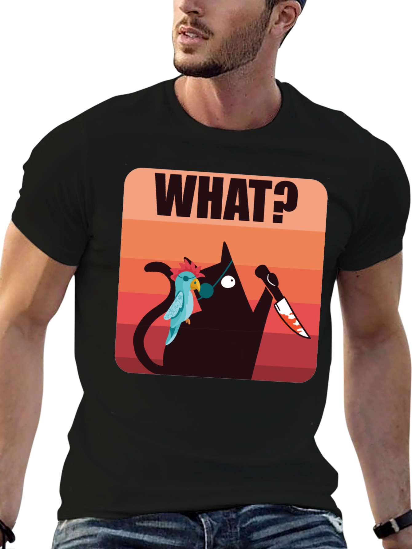 Black Funny Cat with Knife T-Shirt - Men's Black Graphic Tee view 6