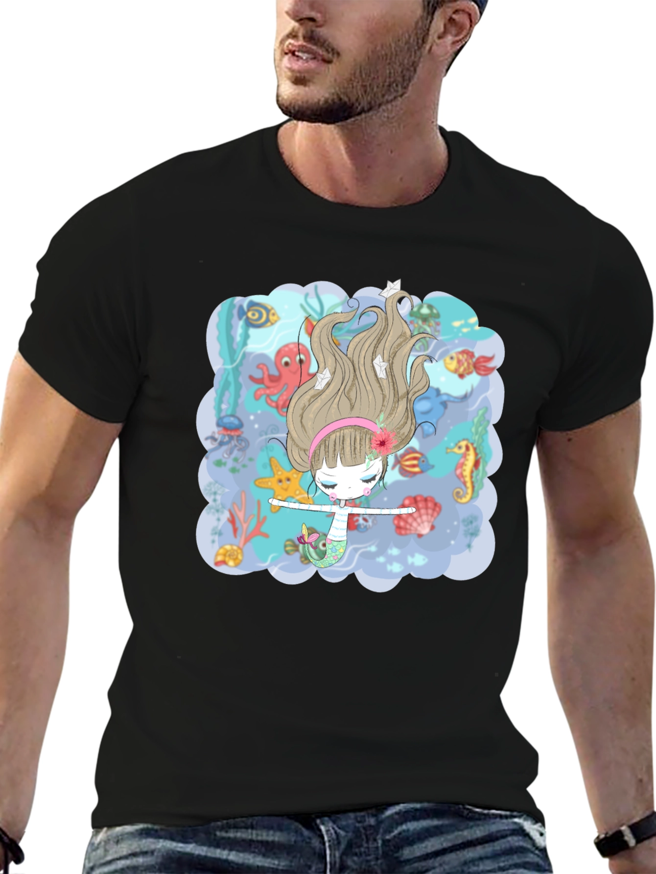 Black Mermaid T-Shirt - Undersea Adventure Design view 6