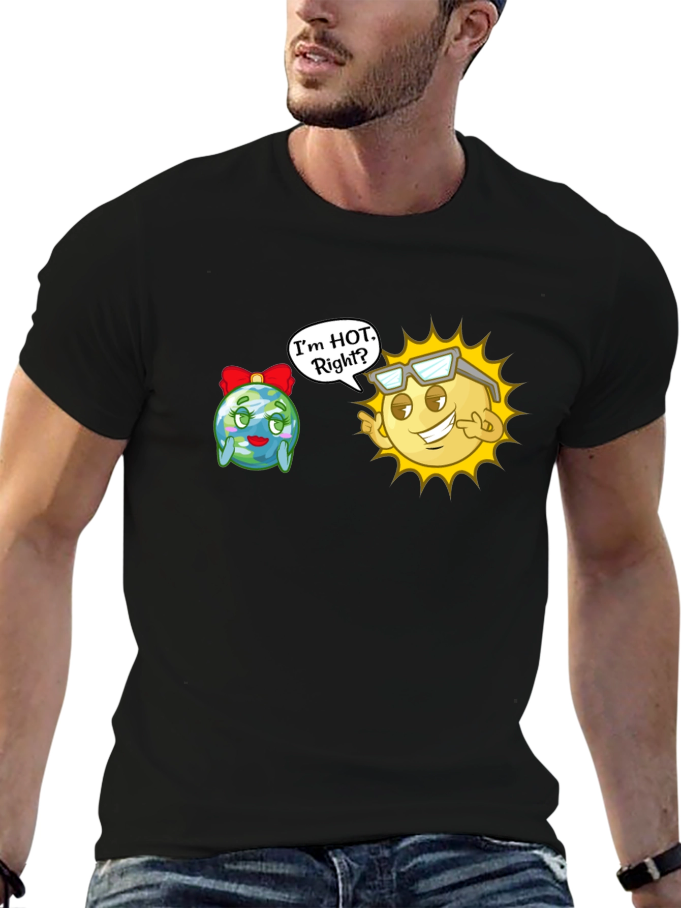 Black Funny Sun & Earth T-Shirt - I'm Hot, Right? view 6