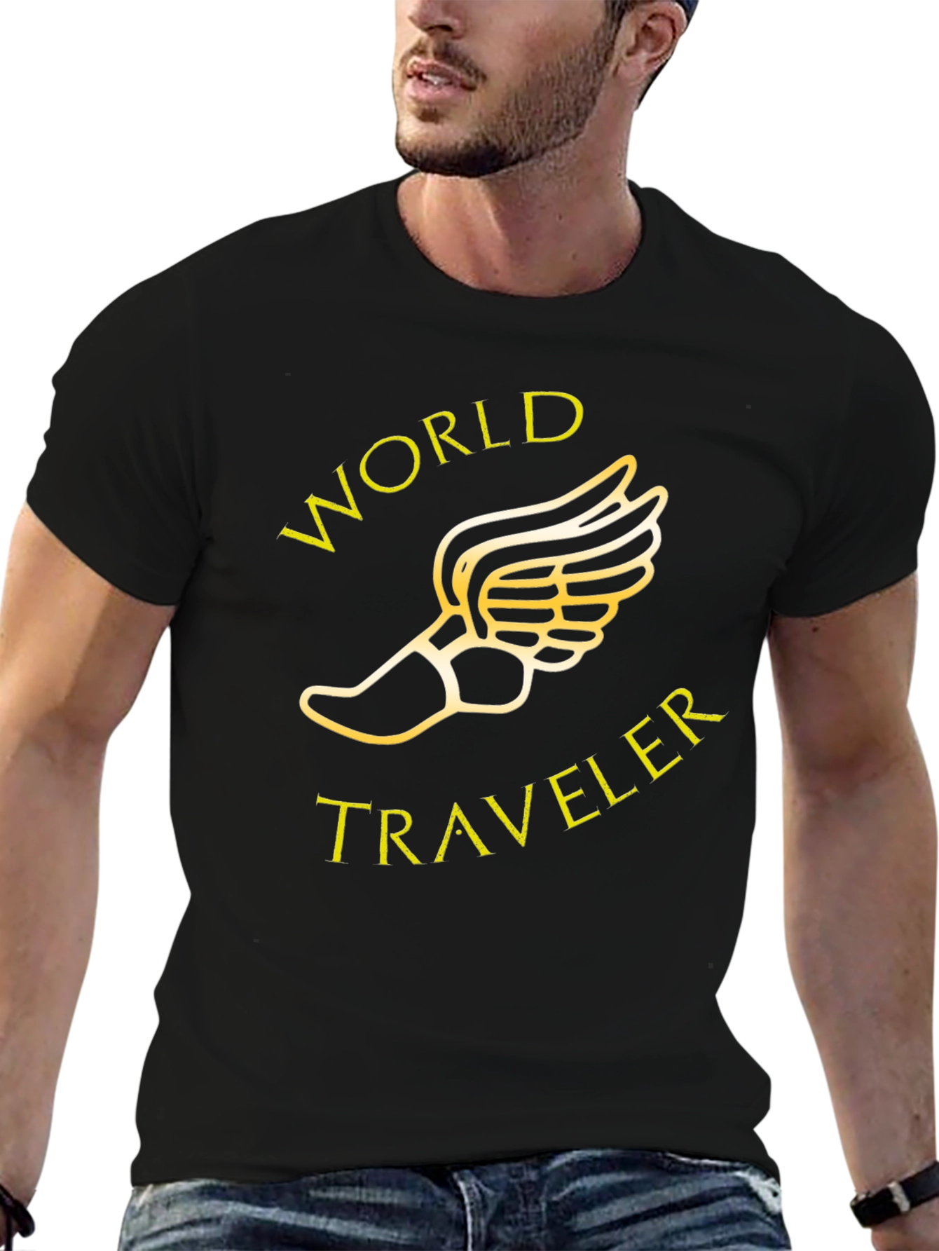 Black World Traveler Black T-Shirt with Winged Foot Graphic view 6