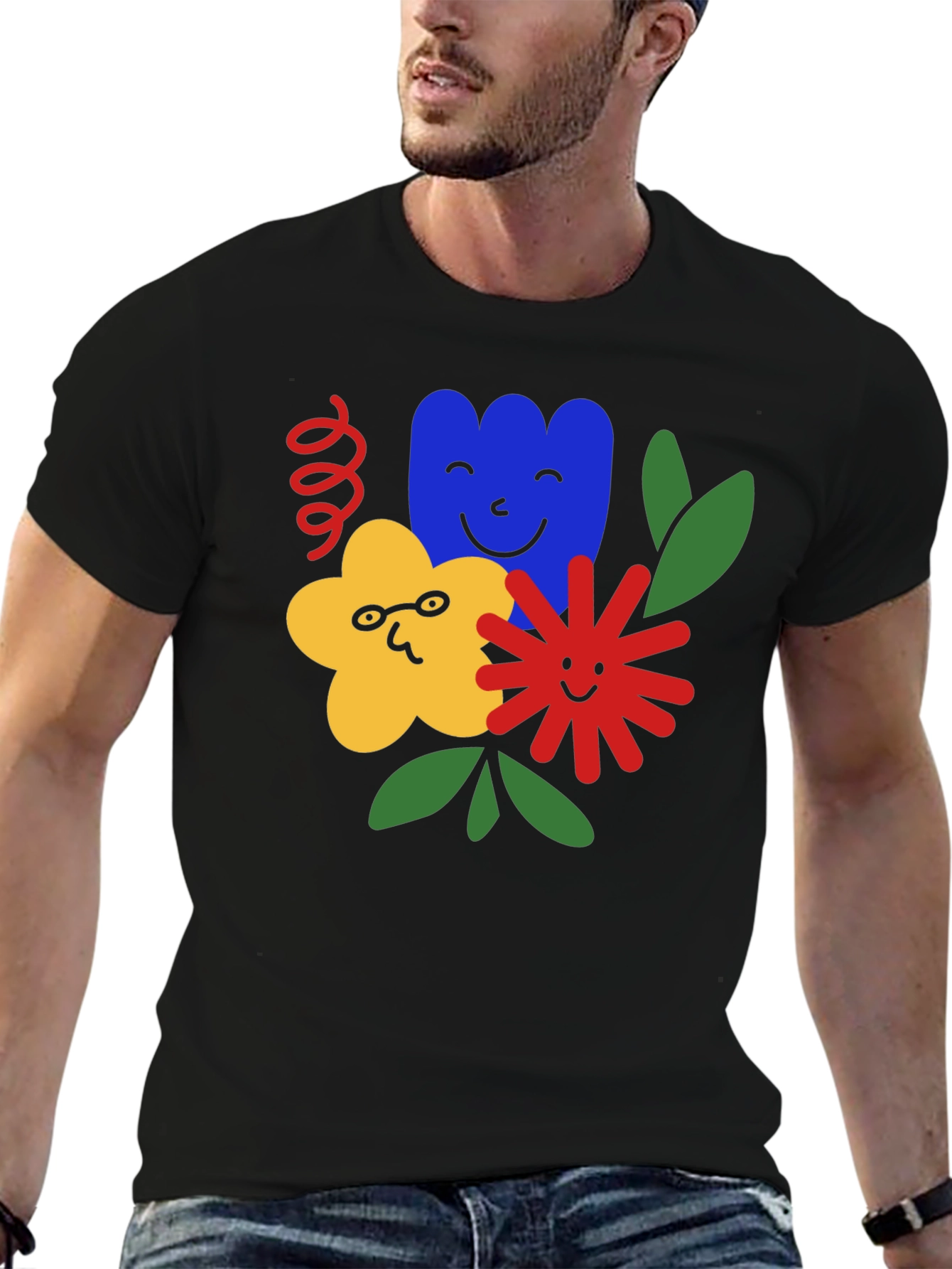 Black Cartoon Flower Graphic Black T-Shirt view 6