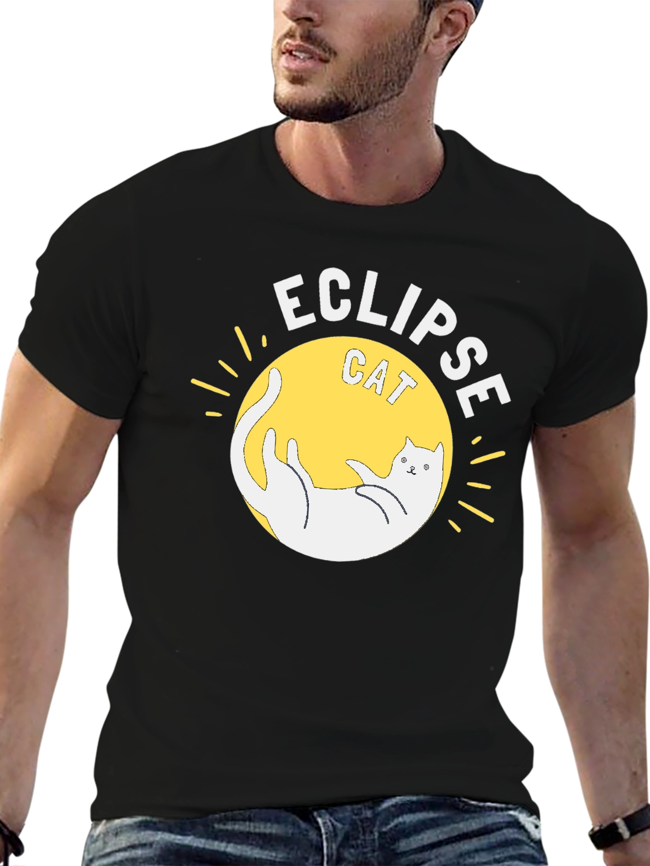 Black Eclipse Cat Graphic T-Shirt - Black Cotton Tee view 6