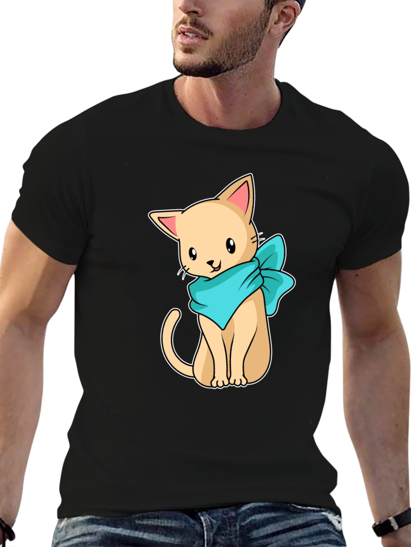 Black Cute Cartoon Cat Graphic Tee - Black Unisex Shirt view 6