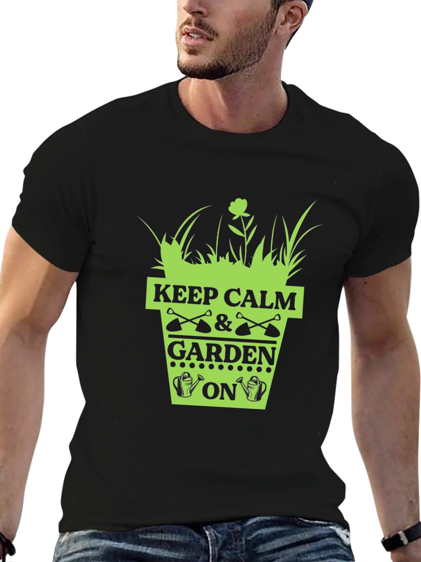Black Keep Calm & Garden On T-Shirt - Gardening Humor view 6