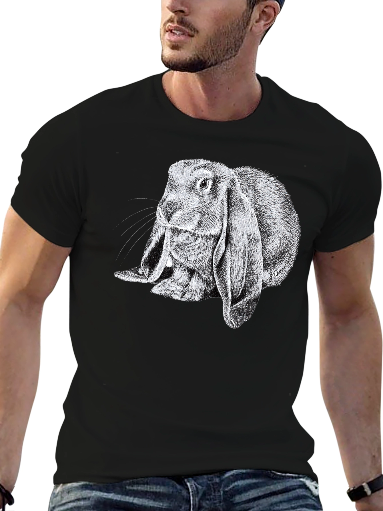Black Rabbit Graphic Tee - Soft Black Cotton T-Shirt view 6