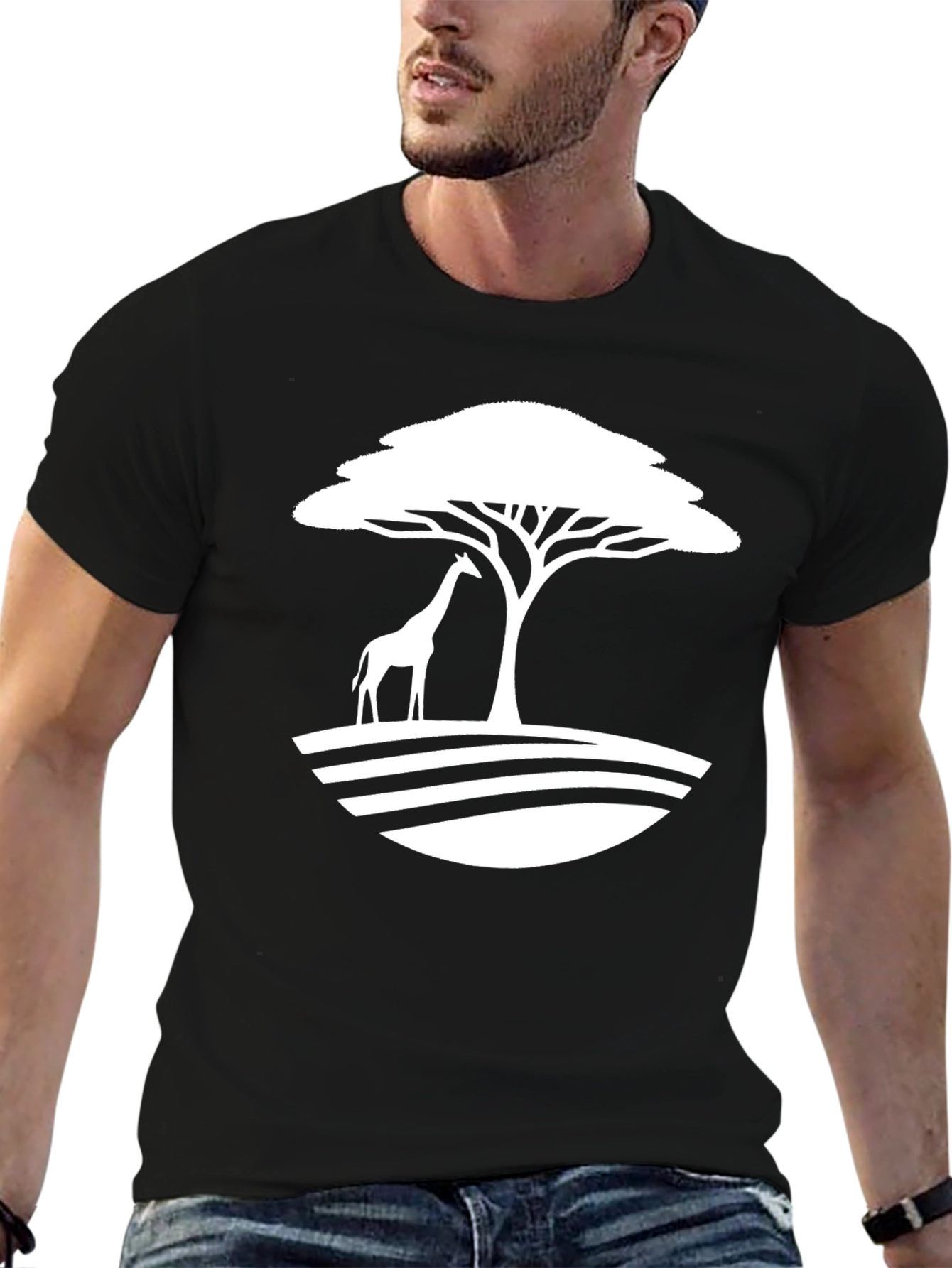 Giraffe Savannah Tree Graphic Tee - Black Cotton Casual Shirt - 6
