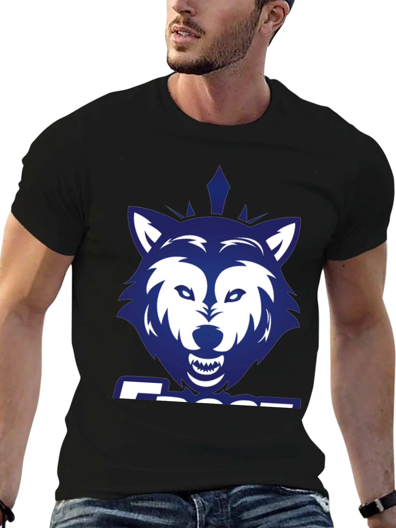 Black Blue Wolf Graphic Print Black T-Shirt view 6