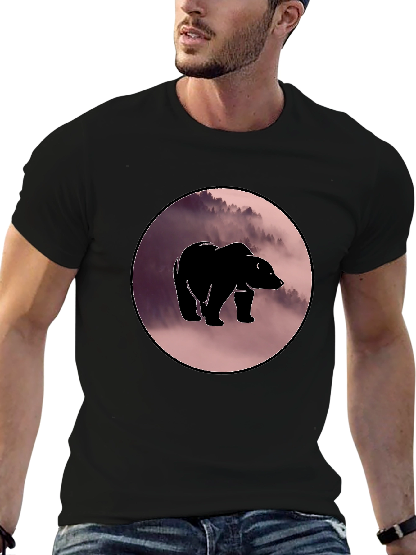 Black Bear Silhouette Graphic Print Crew Neck T-Shirt view 6